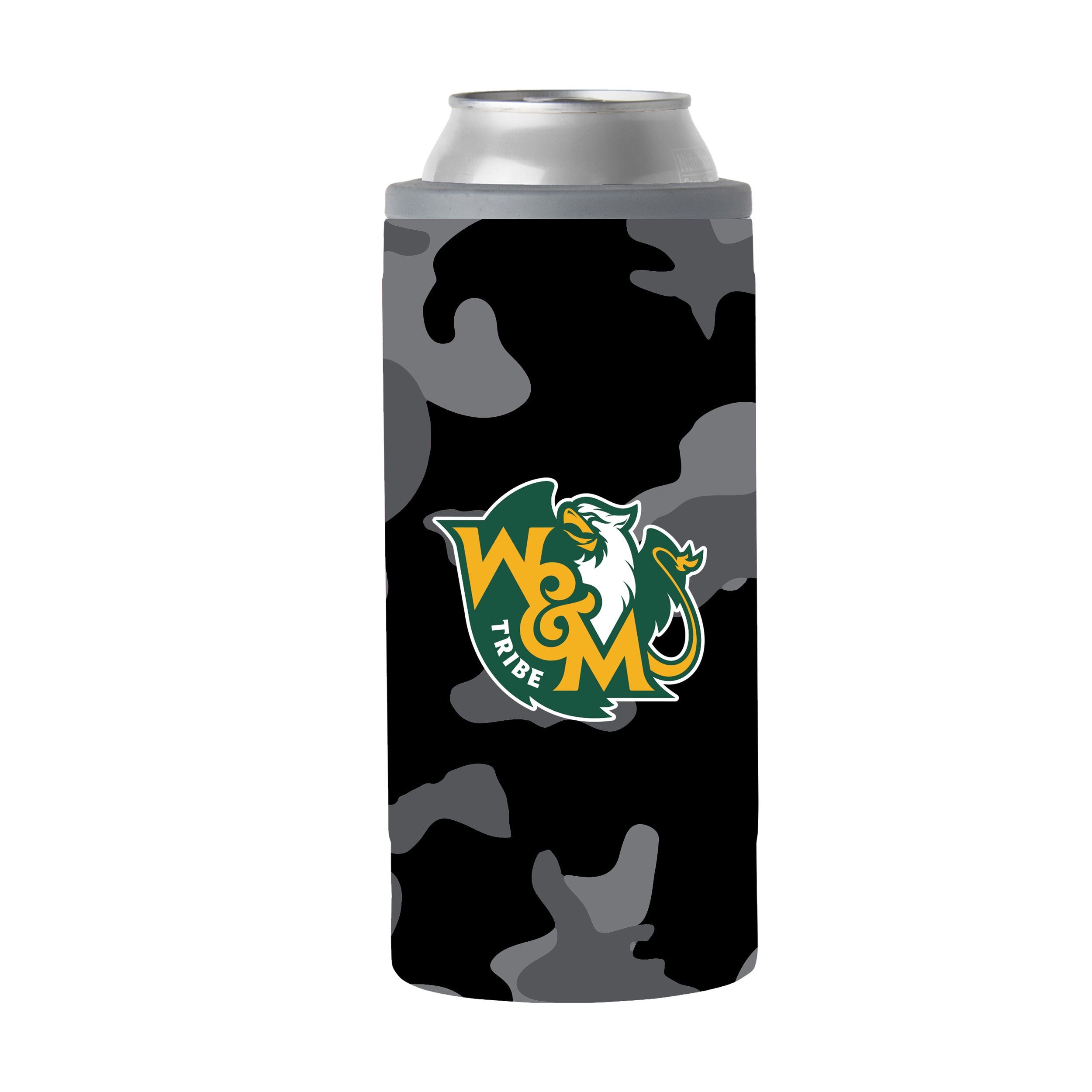 William & Mary Black Camo 12oz Slim Can Coolie